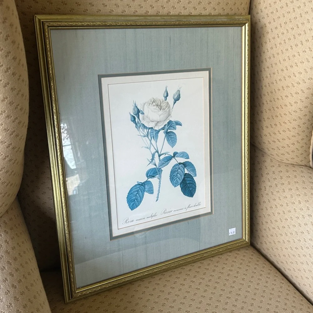 MCM Blue Botanical Rose Prints Gold Frame Grandmillennial Cottage Wall Art Set